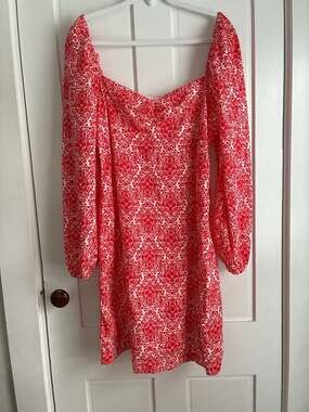 Boden Red and White Damask Print Long Sleeve Square Neck Dress US 12L